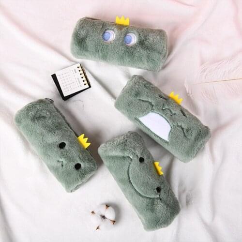 Net red pencil case plush cute cartoon animal super cute large capacity pencil case little green monster student stationery box