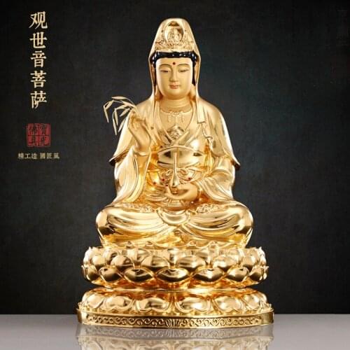 Asia high grade gilding golden copper GUAN YIN Buddha statue Guanyin Avalokitesvara God HOME shrine safe good LUCK protection