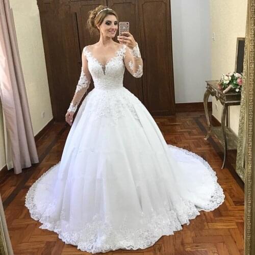 Wedding Dresses 2021 Simple V-neck Long Sleeve Chapel Train A Line Bridal Gowns with Beading
