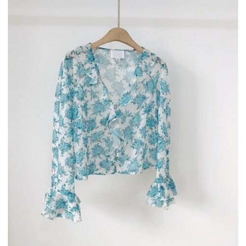 Women Shirt 2021 Summer Temperament Fair Lady Flounces V Collar Broken Flower Print Jacket Chiffon Unlined Upper Garment