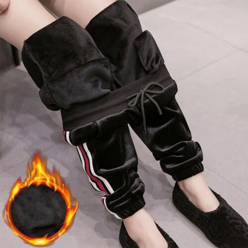 Women Winter Pants Lambskin Cashmere Pants Warm Female Casual Pants Lined Fleece Slim Pants Autumn Splice Striped Sweatpants