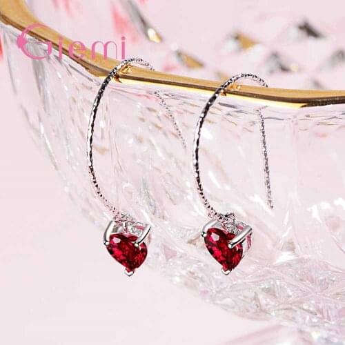 Romantic 925 Sterling Silver Elegant Red Love Heart Drop Earrings for Women Fine Jewelry Shiny Zirconia Brincos
