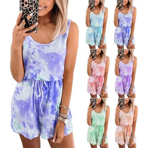 Women Fashion Jumpsuit Sleeveless O Neck Drawstring Tie Dye Playsuit Romper Drawstring Tie Dye blouse