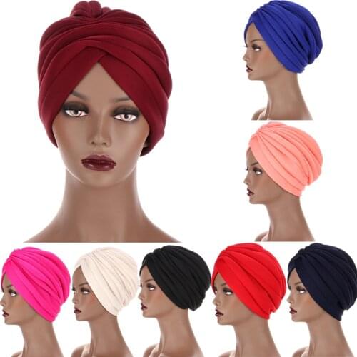 Women Muslim Hijab Inner Scarf Indian Turban Pleated Head Scarf Hair Bonnet Underscarf Chemo Cap Solid Color Headwear Beanie Hat