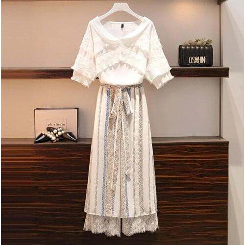 Plus size women thin chiffon set summer new lace patchwork ruffled shirt and stretch wide leg pants chiffon shirt two piece suit