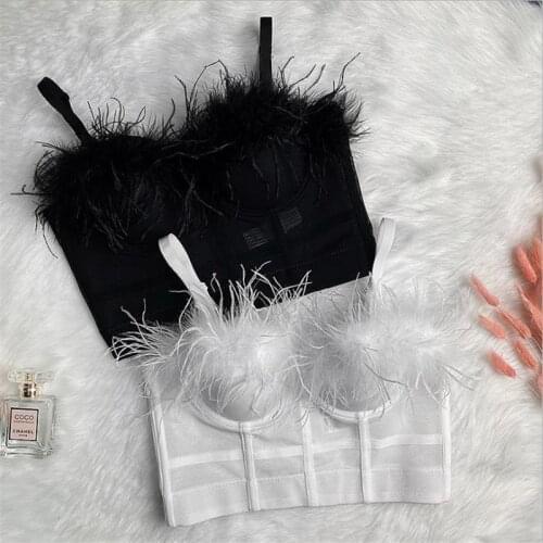 2020 New Women Camisole Top Ostrich Feather Korean Fashion High Quality Crop Top Bustier Bra Night Club Party Tank Tops