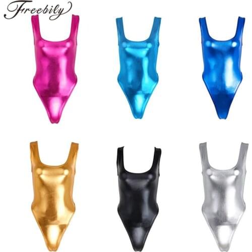 Womens Sexy Fashion Sleeveless High Cut One-piece Shiny Patent Leather Thong Gymnastics Leotard Dancewear Swimsuit Bodysuit