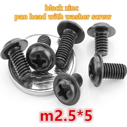 1000pcs m2.5*5 carbon steel with black zinc plated phillip pan / round head with washer electronic screw computer screw