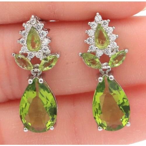 18x8mm Elegant Drop Shape Created Green Peridot White CZ Gift For Ladies Silver Earrings