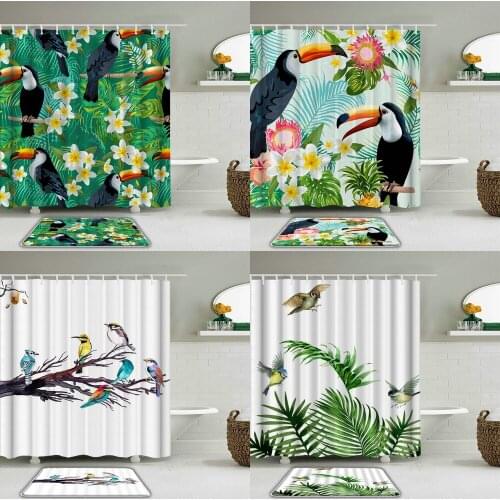 2pcs/Set Flowers leaf Plant Parrot Birds Shower Curtains Mat Set Bathroom Waterproof Fabric + Toilet Non-slip Mat Home Decor
