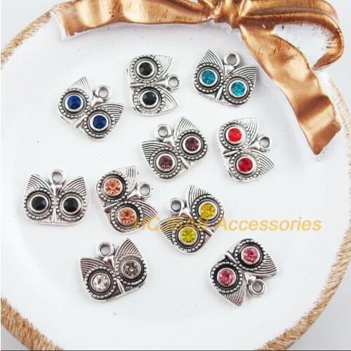 20 New Owl Animal Charms Tibetan Silver Tone Retro Mixed Crystal Pendants 13x15mm