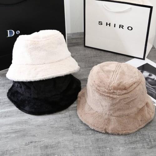 2021 Fashion Artificial Bucket Hat Women Autumn Winter Warm Thickened Fisherman Hat Panama Plush Basin Hat Lady Cap