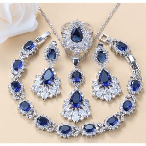 Big Fine Jewelry Sets Silver 925 Wedding Blue Cubic Zirconia Costume Stud Earrings Necklace Ring Bracelet Women Gift Sets