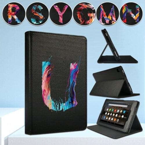 Tablet Case for Amazon Fire 7 /Fire HD 8 /Fire HD 10 PU Leather Anti-fall Front Bracket Protective Case Painting Letter Series
