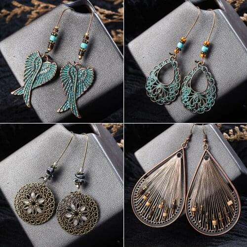 Bohemian Bronze Big Flowers Drop Earrings for Women 10 Style Vintage Leaf Metal Tassel Fringe Hanging Earring Females Jewelry