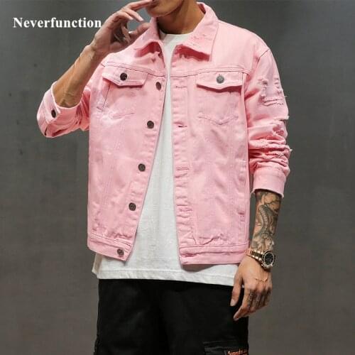 New Plus Size 5XL Pink black Ripped Denim jeans Jackets Hip Hop Streetwear Holes Casual Fashion Men Women Distressed Solid Coat