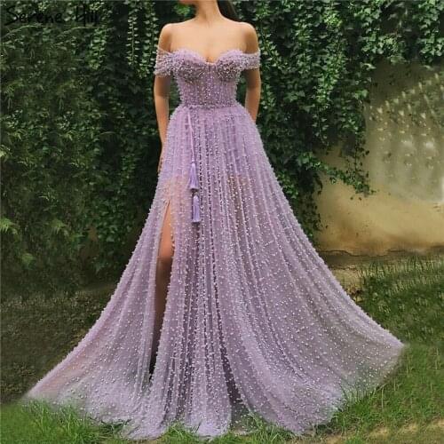 Purple Sexy Pearls A-Line Tulle Evening Dresses 2020 Latest Design Short Sleeves Formal Dress Serene Hill LA70082
