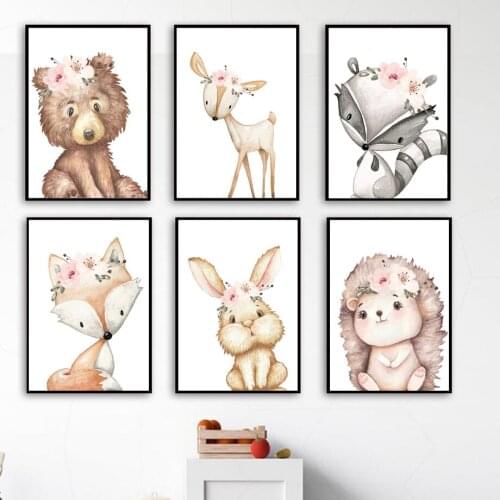 Bunny Raccoon Fox Deer Bear Nursery Animal Wall Art Canvas Painting Nordic Posters And Prints Wall Pictures Baby Kids Room Decor