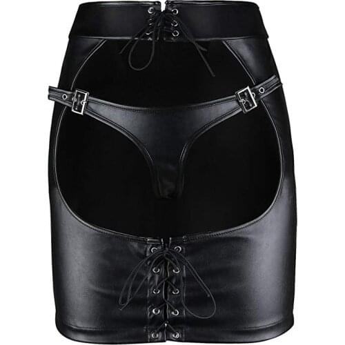Black PU Leather Shapewear Control Panties Erotic Porn Skirt Sex Bdsm Bondage Mini Dress Spanking Attach Fetish G-String Teddy