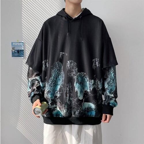 MrGB Landscape Painting Graphic Fake Two Sets Oversize Men Hoodie Chinese Style Vintage Male Hooded Sweatshirt Fashion Clothing