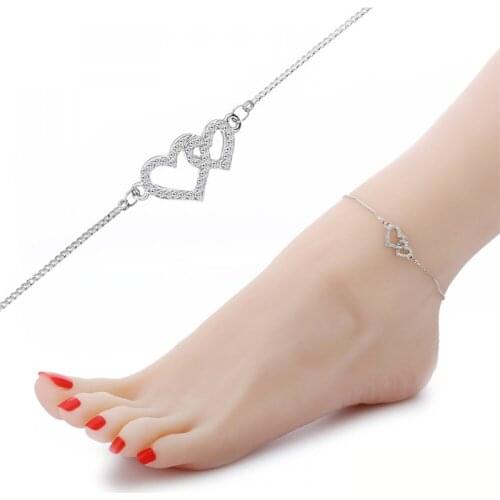 Hot Double Hollow Heart Charms Copper Anklets Women Crystal Lovely Ankle Bracelet Gold Color Beach Female Foot Jewelry 2021 New