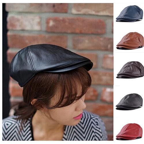 Mens Womens Outdoor Faux Leather Peaked Cap Newsboy Bonnet Beret Cabbie Gatsby Flat Golf Hat Black Brown