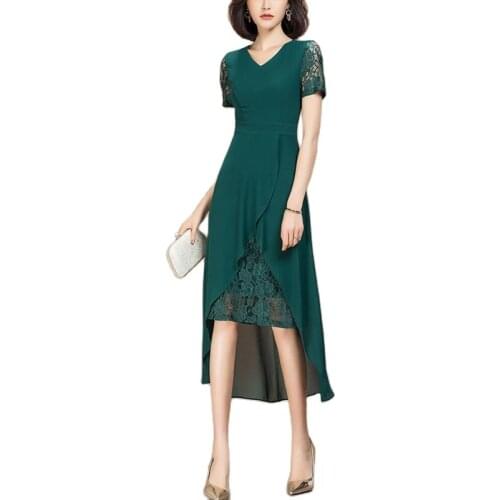New Chic Summer Short Sleeves Elegant Lace Patchwork Casual Wear Green Chiffon Dress