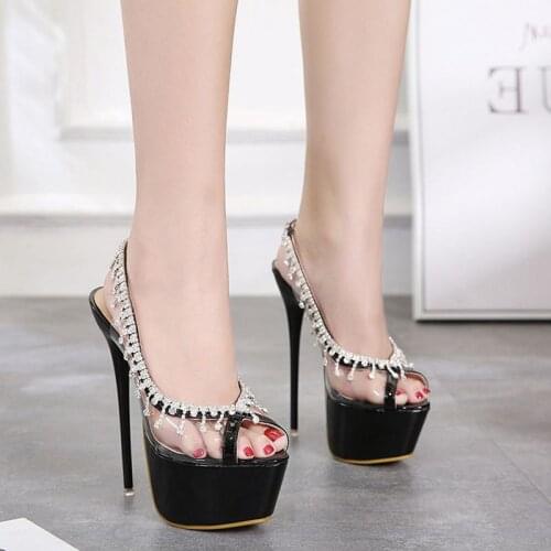 New fashion rhinestone princess shallow mouth 17CM high heels temperament banquet fish mouth sexy sandals