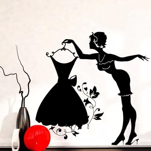 Floral Dress Wall Stickers Woman Bedroom Home Decoration Sexy Girls With Beautiful Clothes Vinyl Shop Window Wall Decals Y646