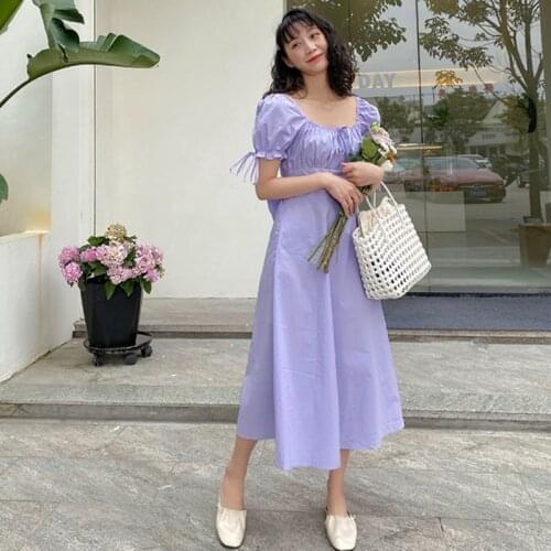 Women Summer Lantern Sleeve Bows Square Collar A-line Dress Sweet French Retro Elegant Dress Purple Holiday Vestidos