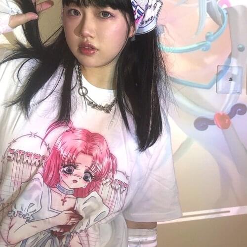 Cute Cartoon Sad Angel Sweet Girls Harajuku T-Shirts Japanese Streetwear Harajuku Pink Kawaii Casual Tops Vintage Summer Womens