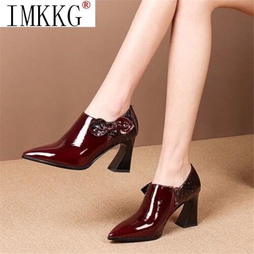 Sapatos Femininas Female wedding heels Fashion Sweet Black Pu Leather Pointed Toe High Heel Shoes Lady Casual Wine Red Shoes