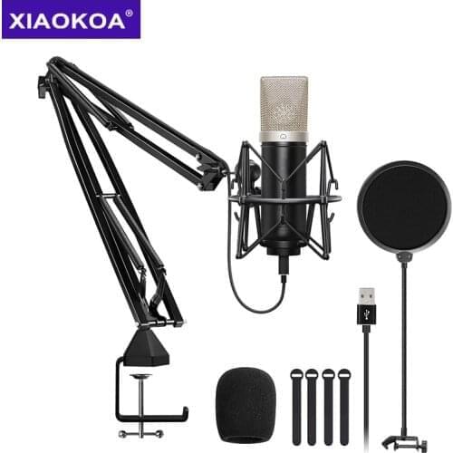 XIAOKOA Condenser USB Cardioid Computer Microphone 192kHz/24Bit Kit with UpgradeBoom Arm/Spider Shock Mount for Recording Mic