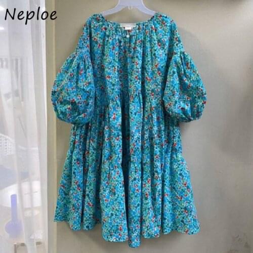 Kuzuwata Lantern Sleeve O-Neck Woman Dress Korean 2021 Summer New Loose Robe Print Floral Fashion Folded Vestido De Mujer