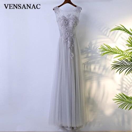 VENSANAC 2018 A Line O Neck Lace Flowers Long Evening Dresses Elegant Pearls Party Appliques Backless Prom Gowns