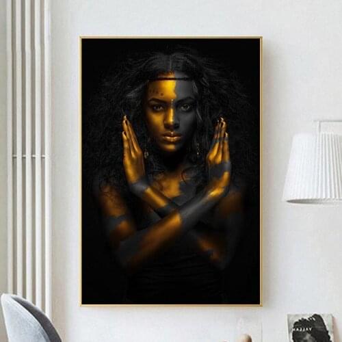 Gold Sexy African Nude Woman Canvas Paintings On the Wall Art Posters And Prints Black Girl Canvas Art Pictures For Living Room