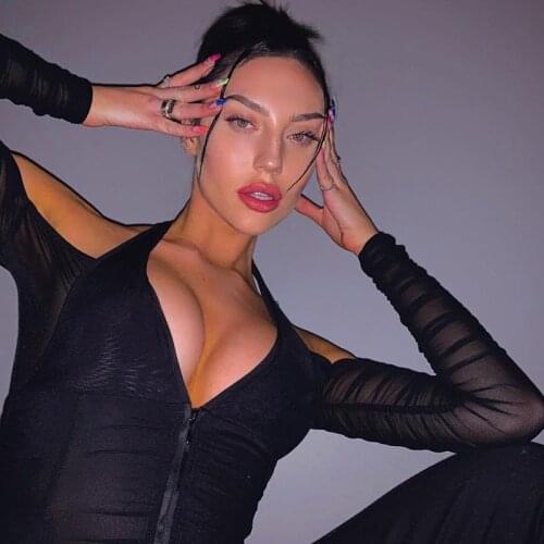 2021 Women Long Sleeve Mesh Patchwork Crop Top Sexy Halter V-Neck T-Shirt Club Party Night Black White Tops Tee Shirts Mujer