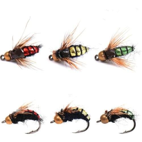 8Pcs Fishing Lure Brass Bead Head Fast Sinking Nymph Scud Fly Bug Worm Trout Fishing Flies Artificial Insect Fishing Bait Lure
