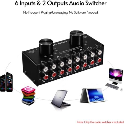 6-In-2-Out Audio Switcher Two-Way Audio Signal Selector Box Splitter Distributor with RCA /3.5mm Audio Inputs & Outputs