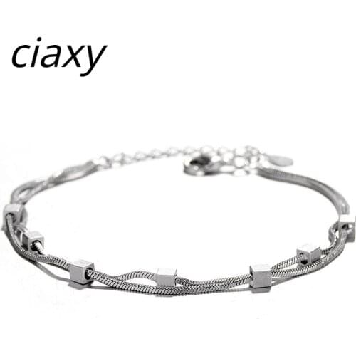 CIAXY 925 Sterling Silver Geometric Brushed Square Bracelets for Women Multi-layer Snake Bone Chain Bracelet Simple Jewelry