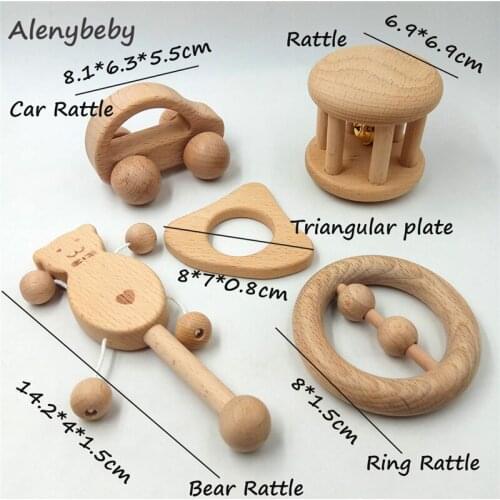 Baby Teether Wooden Teething Set Natural Beech Wood for Girl and Boy Chew Toy Infant Training Organic Montessori Toys Rattle