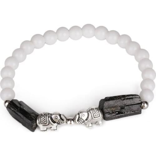 Double Elephant Charm Natural Rough Black Tourmaline Healing Calm Stone Bead White Glossy Bead Energy Bracelets For Man Women