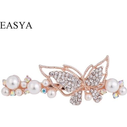 EASYA Fashion Crystal Butterfly Barrettes Headwear Elegant Simulated Pearl Hairpins For Women Girls Jewelry