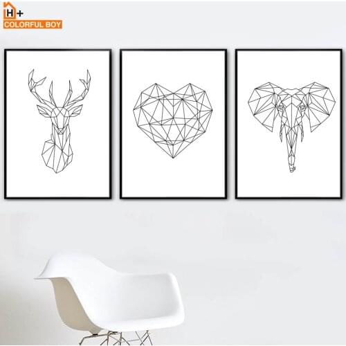Geometry Deer Elephant Heart Wall Art Canvas Painting Nordic Posters And Prints Black White Wall Pictures For Living Room Decor
