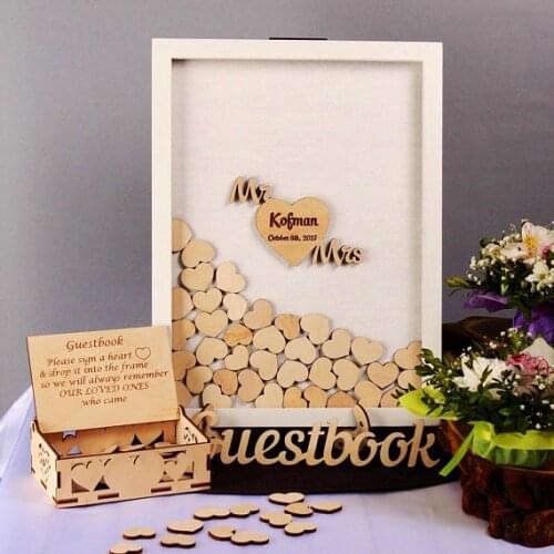 Personalised White Frame Wedding Guest Book Alternative Drop Top Guestbook Wood Heart Guestbook with wedding sign