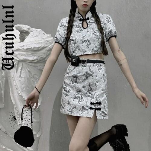 Ucuhulnl Chinese Harajuku Ghost Horse Dress Retro Button Cheongsam Short Sleeve Sexy Split Dragon Pattern Slim Evening Dress