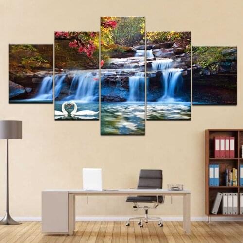 A beautiful waterfall goose swimming in lake 5 Panel HD Print wall posters Canvas Art Painting For home living room decoration