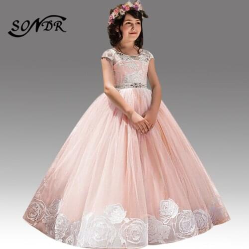 Embroidery Girls Pageant Dress HT198 O-Neck Short Sleeve Princess Ball Gowns Pink Flower Girl Dresses Crystal Kids Party Dress