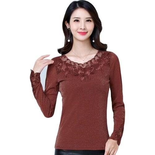 2019 New Women T-shirt Spring Autumn Mesh T-shirt Slim Embroidered Long-Seeve T Shirt Casual Tops Mujer Feminina Tee Plus Size