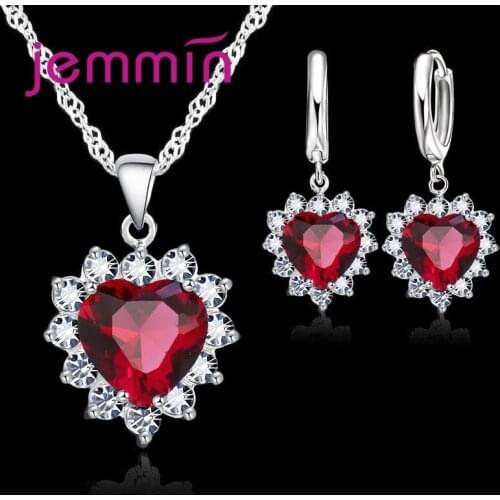 New Fashion 10 Colour Women Female Heart Crystal Jewelry Set For Wedding Engagement 925 Sterling Silver Necklace Earrings